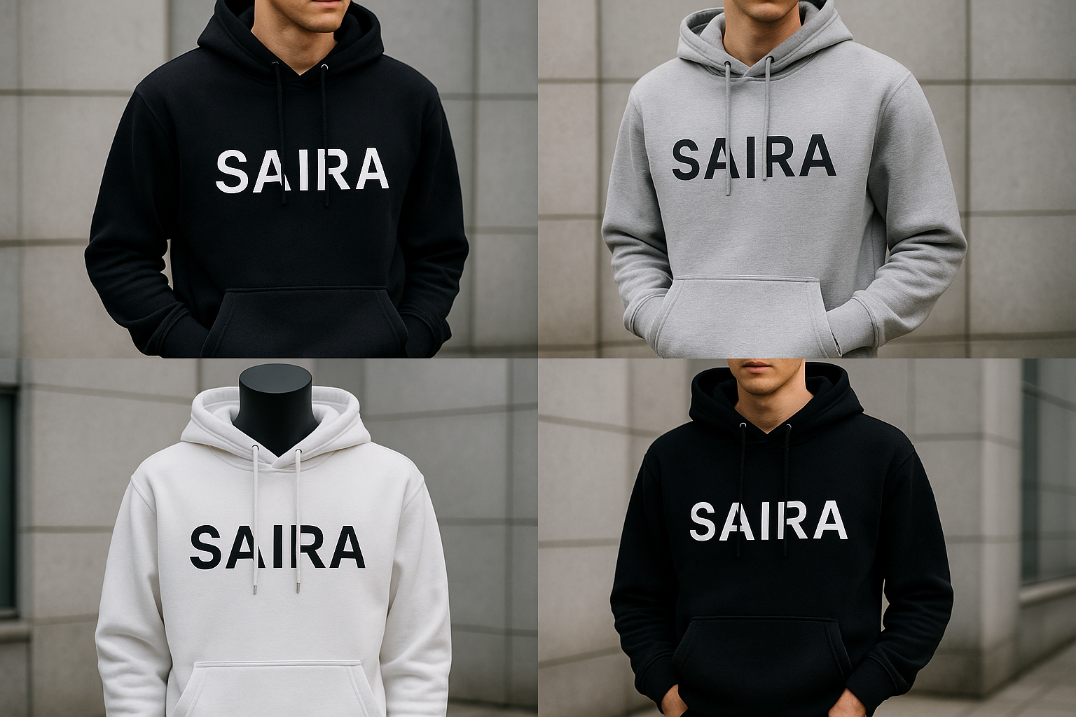 fashion hoodies with the brand name SAIRA on it